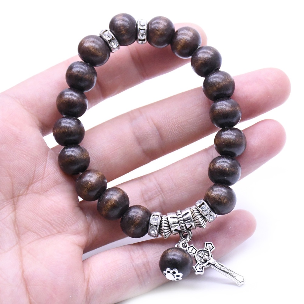 Vòng đeo tay Công Giáo chuỗi hạt bằng gỗ màu nâu