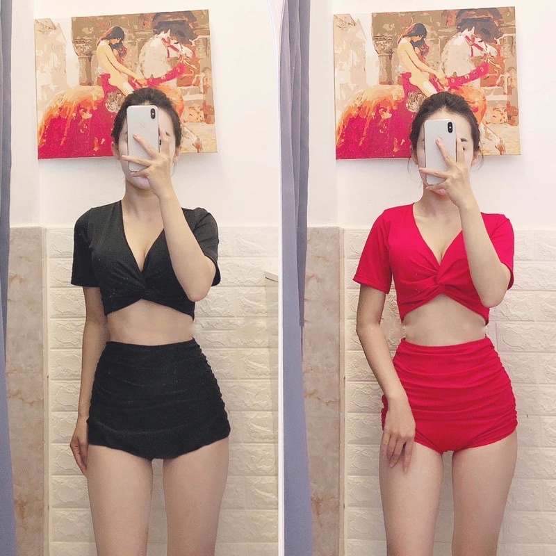Bikini 2 mảnh tay cộc xoắn ngực quần đùi