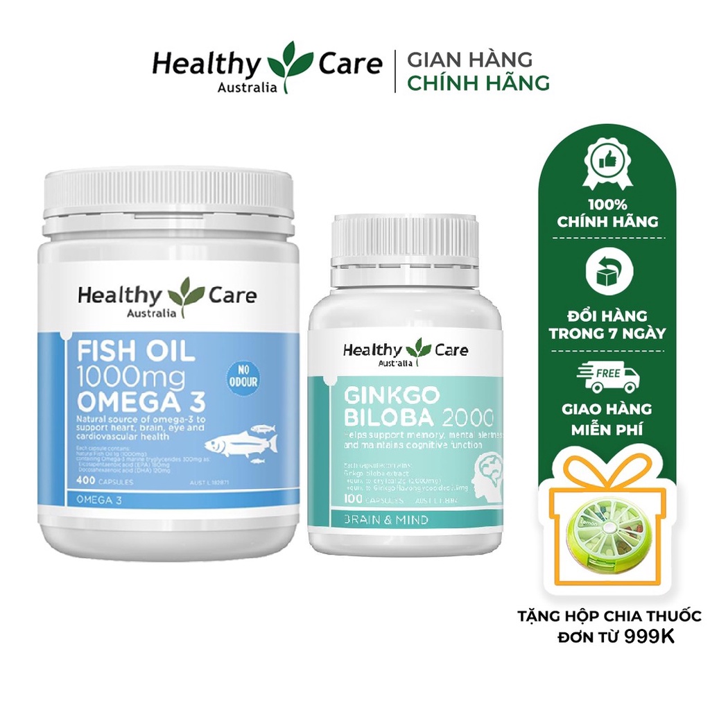 Viên uống dầu cá Omega 3 Healthy Care Fish Oil 400 viên, Bổ não Ginkgo 100 viên giúp bổ não, tim mạch, bổ sung vitamin