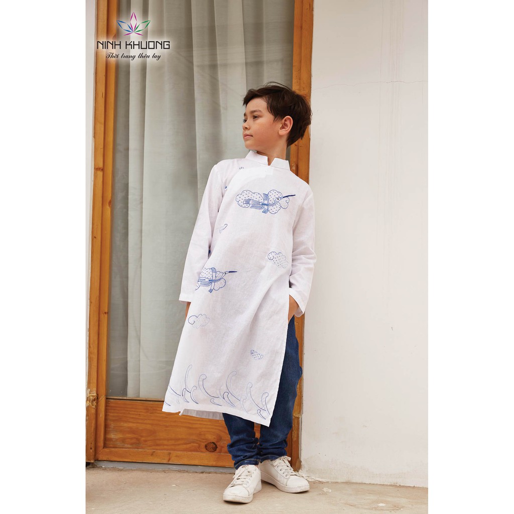 Áo dài bé trai Ninh Khương - Áo dài trắng-Linen bé trai
