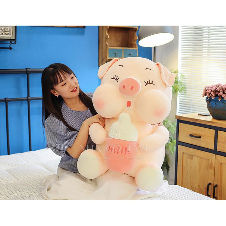 Thú Nhồi Bông Heo Cầm Bình Sữa Má Tròn Béo Bự Độc Lạ Siêu Dễ Thương