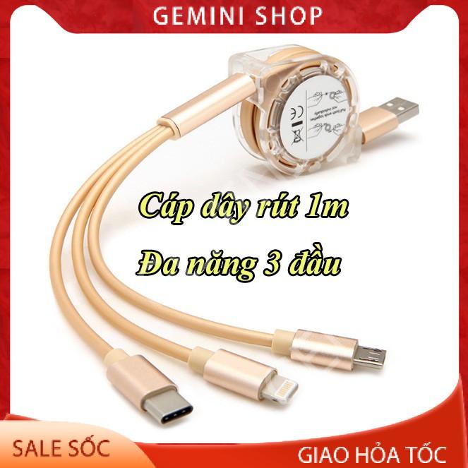FreeShip Cáp sạc 3 đầu Lightning Type C và Micro USB dây rút