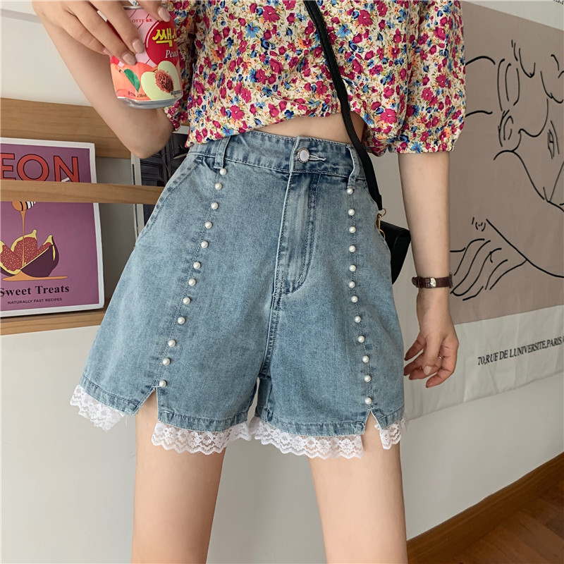 IELGY Quần Short Denim Lưng Cao Phối Ren Mỏng Đính Hạt Ngọc Trai Xẻ Tà Phong Cách Đơn Giản Đa Năng Cho Nữ
