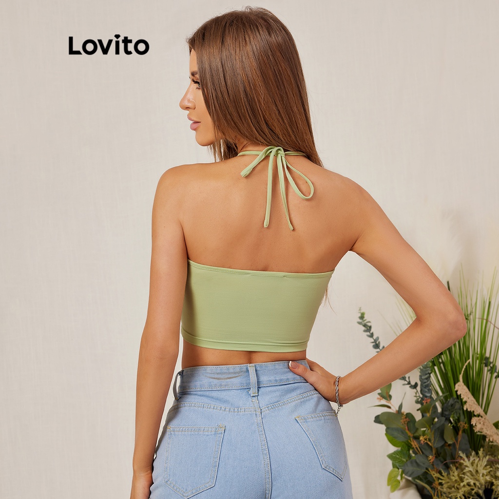 Áo sát nách Lovito ngắn cổ yếm đan chéo màu trơn hở lưng mặc thường ngày L18D117 (Màu xanh lá)