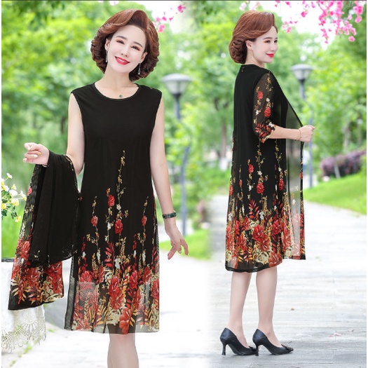 Set đầm dự tiệc trung niên nữ V50, váy voan cho mẹ dáng suông chất đẹp cao cấp sang trọng U40 U50 U60 U70 Bigsize giá rẻ