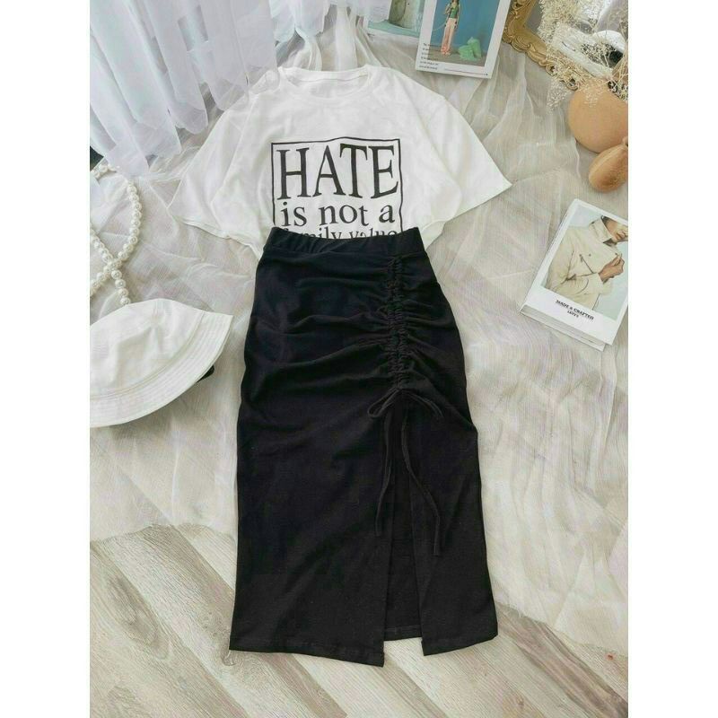 🦄Set chân váy thun borip dài xẻ tà rút bên kèm áo thun cotton - Mã: 605🦄 TV-FASHION