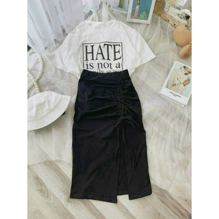 🦄set chân váy thun borip dài xẻ tà rút bên kèm áo thun cotton - mã: 605🦄 tv-fashion