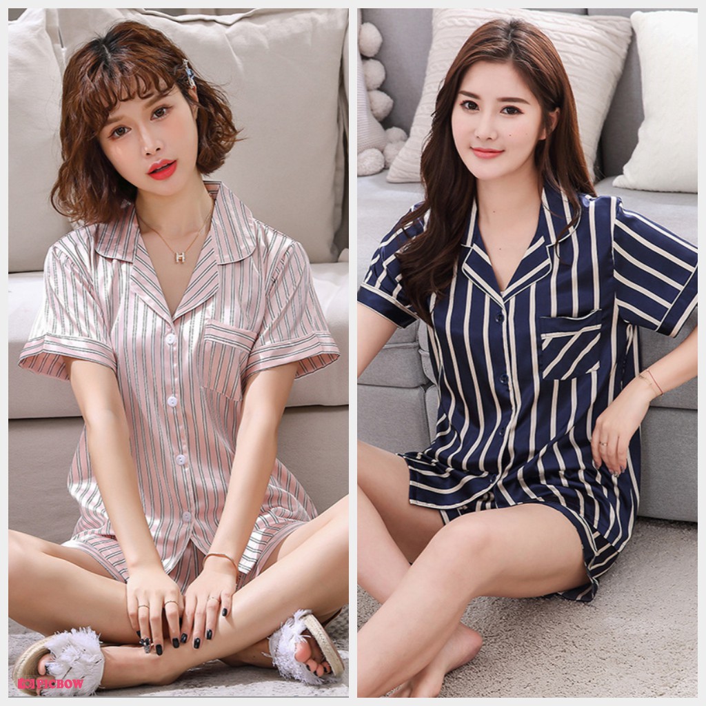 Pijama- Đồ Bộ Ngủ Lụa Cộc Cao Cấp Sang Chảnh Kẻ Sọc kèm ảnh thật CCLP06