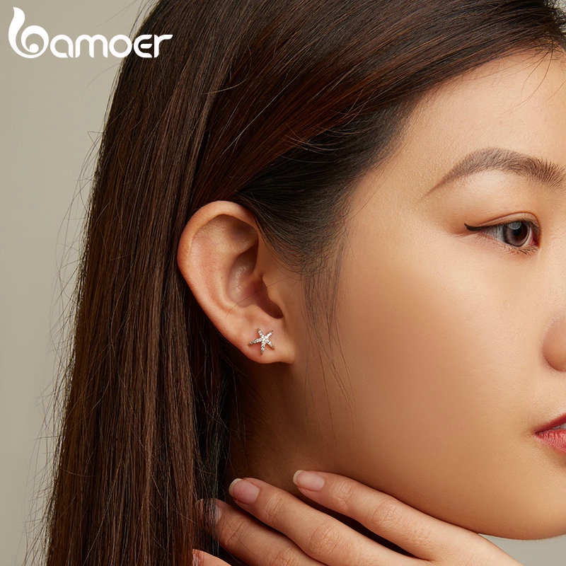 Khuyên tai BAMOER BSE679 bằng bạc 925 hình sao biển đính đá giả đơn giản thời trang cho nữ