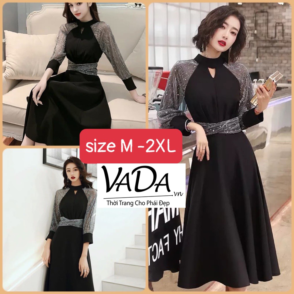 Đầm xòe tay dài cổ lọ cách điệu tay phối lưới kim tuyến sang chảnh cao cấp có BIG SIZE- Thời Trang VADA - V29 | BigBuy360 - bigbuy360.vn