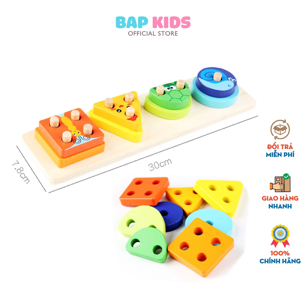 Đồ Chơi Gỗ Bapkids, Bộ Thả Hình Khối Động Vật Nhiều Màu Sắc