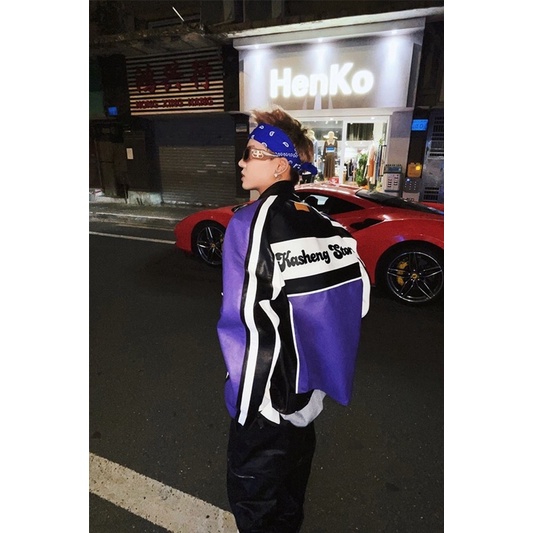 ÁO KHOÁC DA PHONG CÁCH MOTORBIKE TÍM PHỐI TRẮNG ĐEN