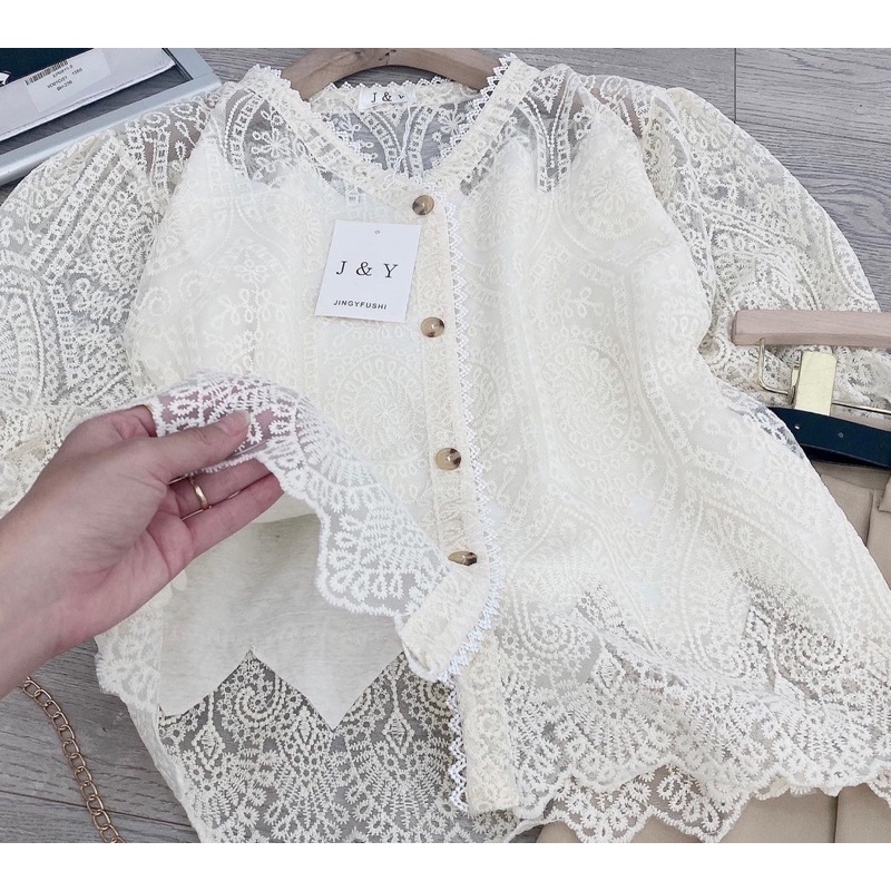 Set áo ren tiểu thư phối chân váy kaki siêu điệu