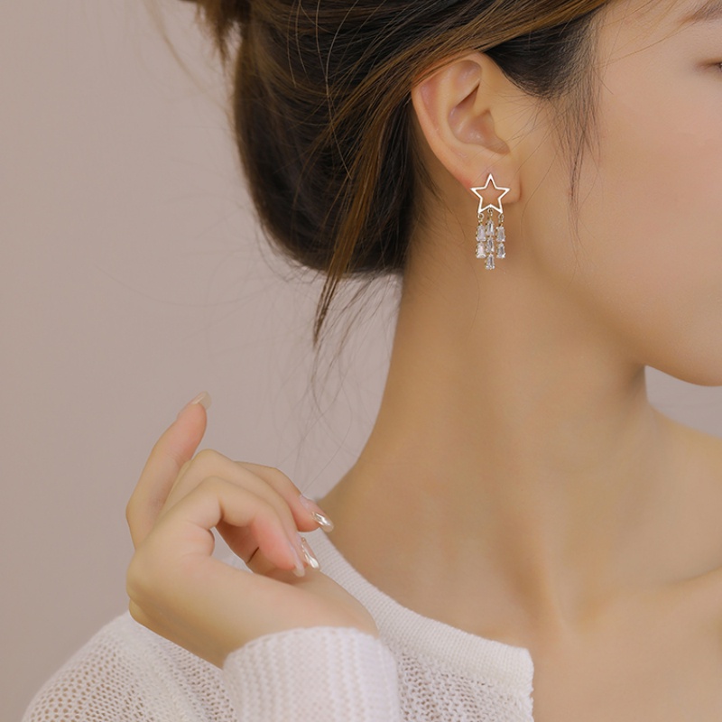 Bông Tai Mạ Bạc 925 Hình Ngôi Sao Tua Rua Đính Đá Thời Trang