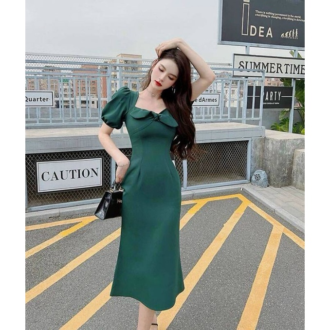 Đầm xoè tay phồng cổ vuông đính nơ xinh Lh0917399527