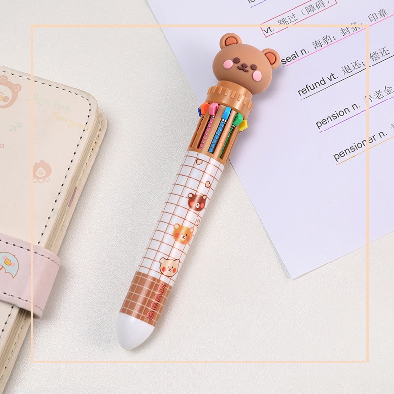 Bút Bi Bấm 10 Màu Họa Tiết Hoạt Hình Dễ Thương
