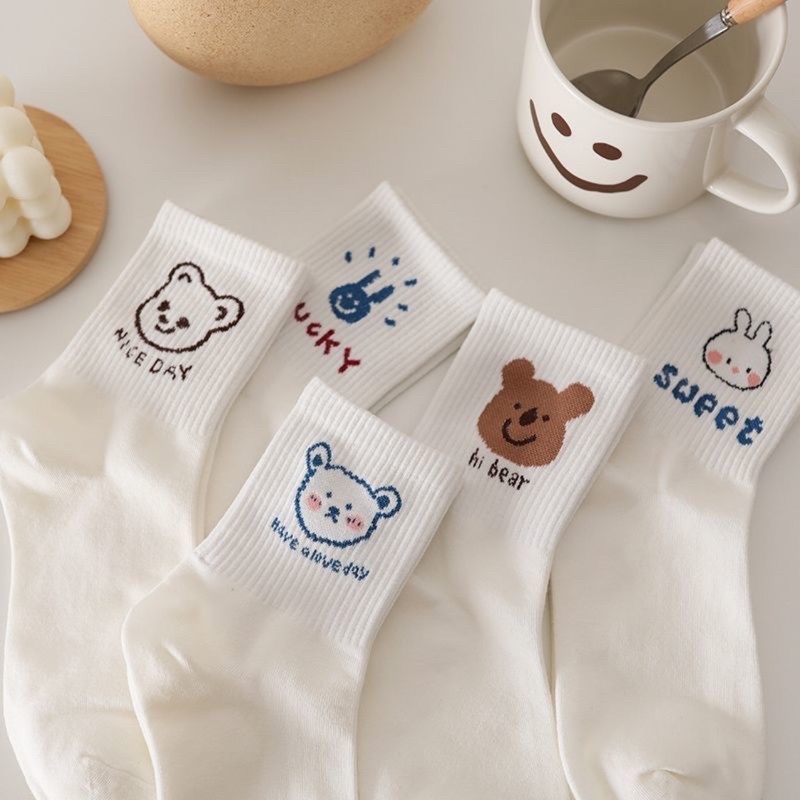 [Set 10 đôi] Tất cổ cao, vớ cổ cao nữ trắng họa tiết hình thú xinh xắn vải cotton co giãn thời trang Hàn Quốc