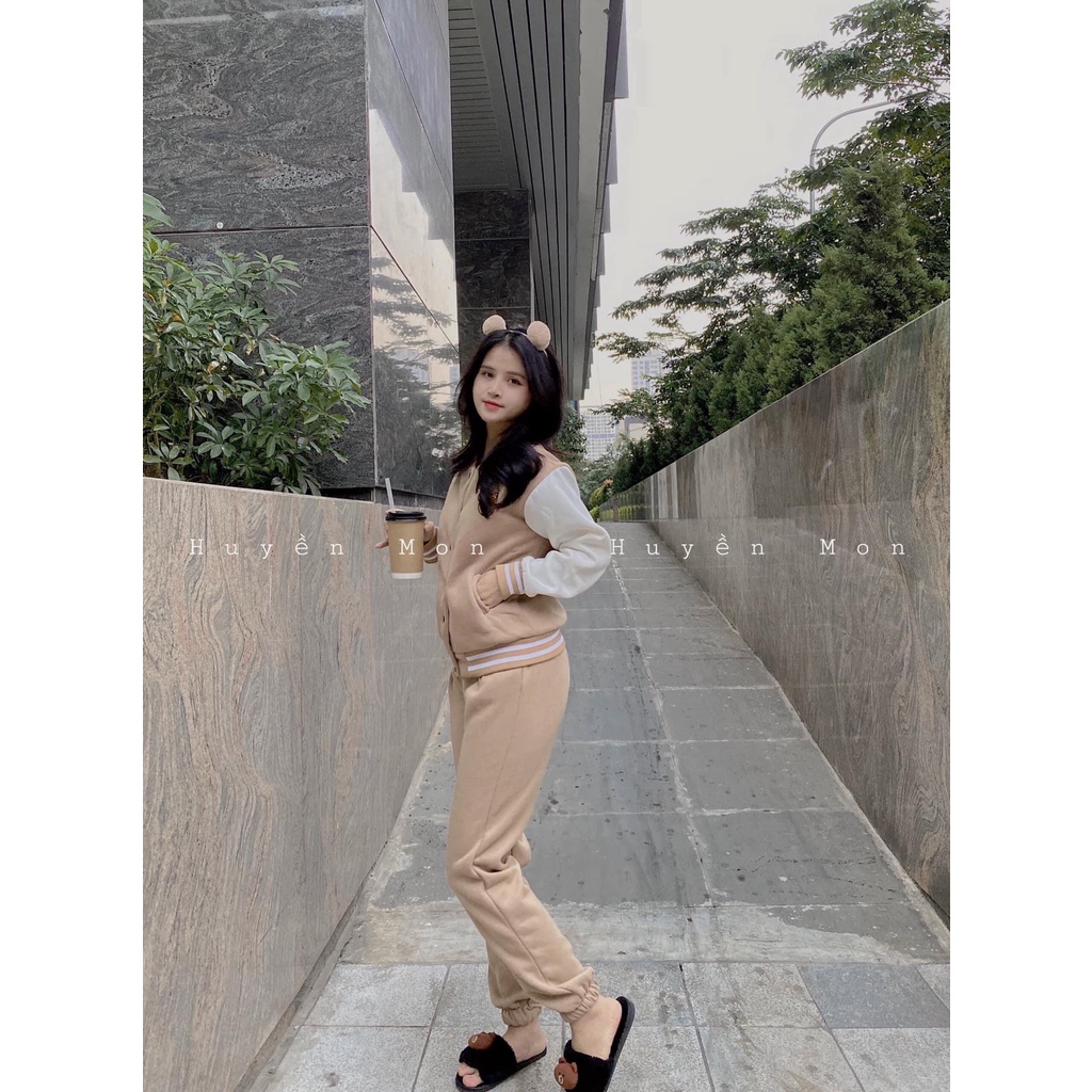 bộ thể thao nữ thu đông, set đồ nữ mặc nhà phối tay trắng thêu gấu trước ngực cá tính