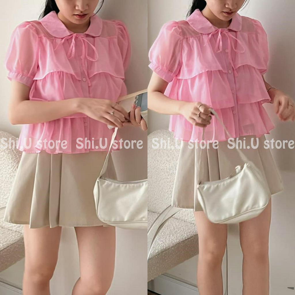 Áo sơ mi babydoll bèo tầng dáng ngắn croptop nơ cổ chất voan óng siêu xinh