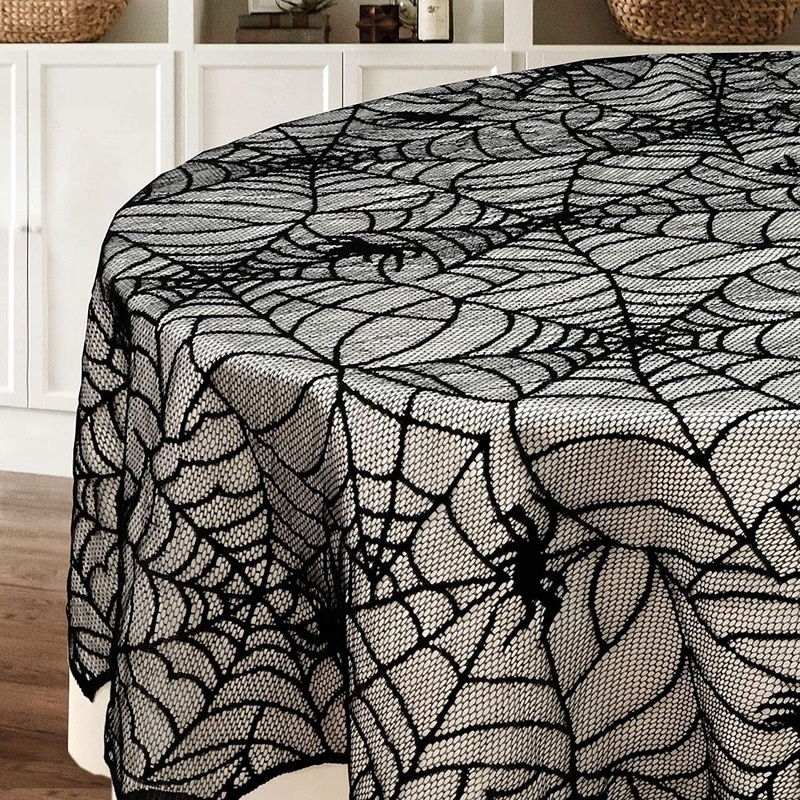 (Meteorite) Khăn Trải Bàn Tròn Bằng Ren Đen Hình Ma / Hình Học Halloween Trang Trí Nhà Cửa Tiệc Tùng