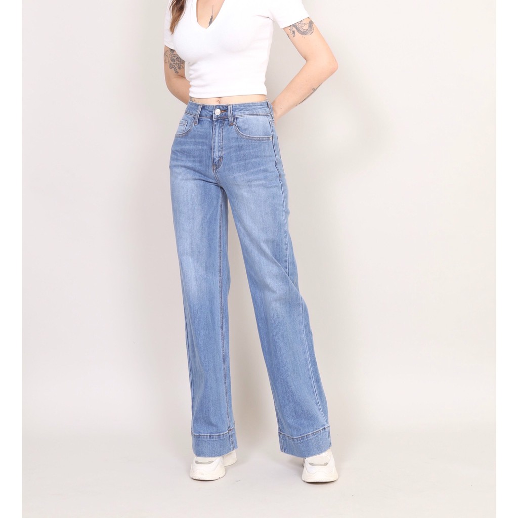 Quần Jean Nữ Ống Rộng cạp cao co giãn dáng dài trơn Gấu bản To 5cm CT JEANS