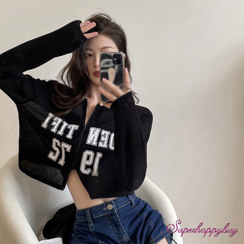 Áo Khoác Cardigan Nữ Tay Dài Chống Nắng Có Dây Kéo In Chữ