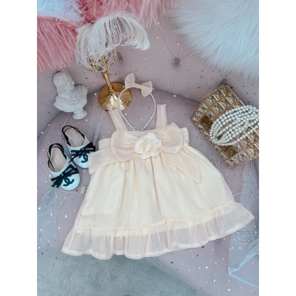 Váy tơ hoa trà kèm bờm cho bé gái