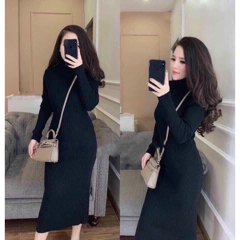 Váy nữ body len tăm nữ cao cổ dáng dài thời trang - Đầm body len tăm cổ lọ dáng dài 1m1