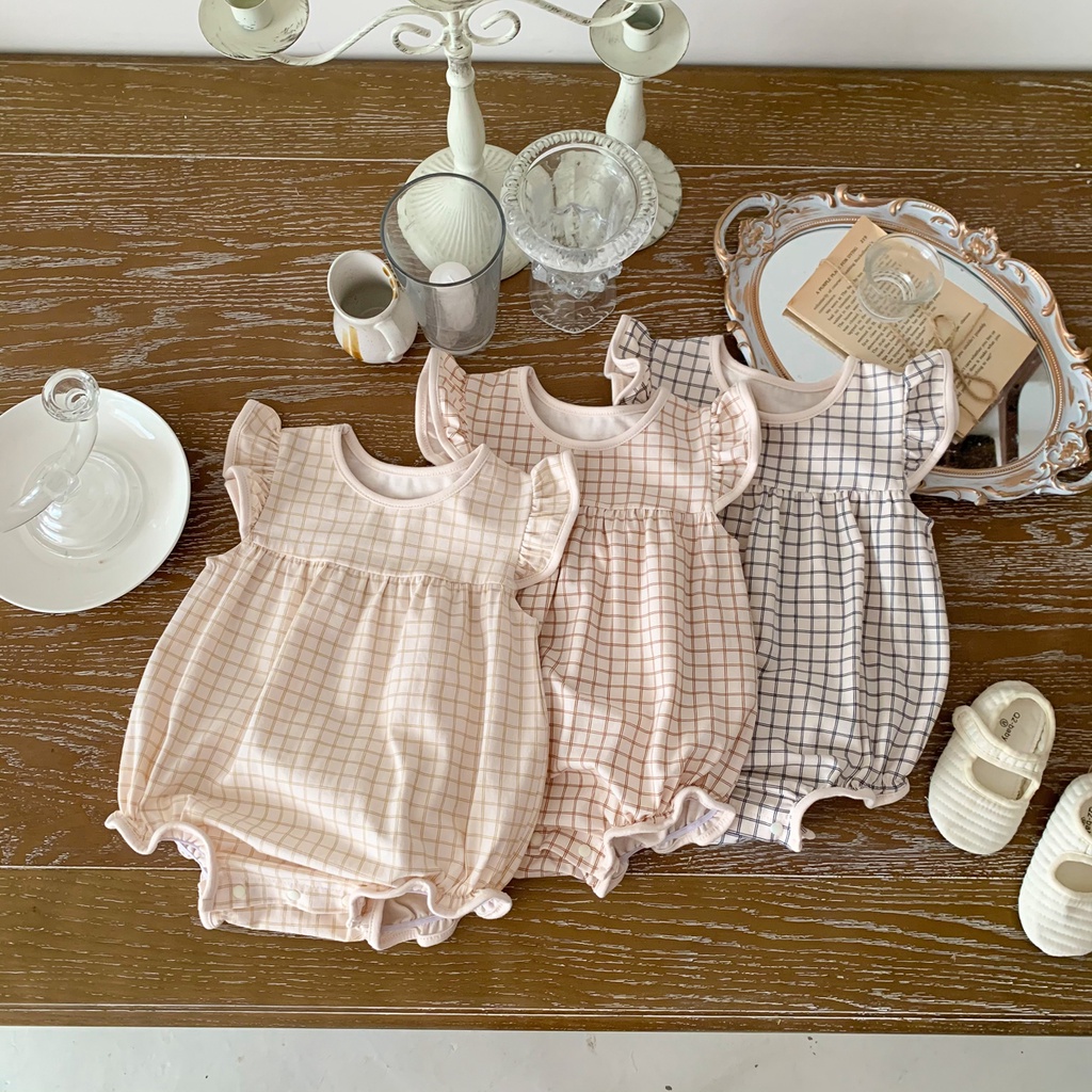 Bộ Áo Liền Quần Bằng Cotton Mềm Mại Họa Tiết Sọc Caro Cho Bé Gái Sơ Sinh