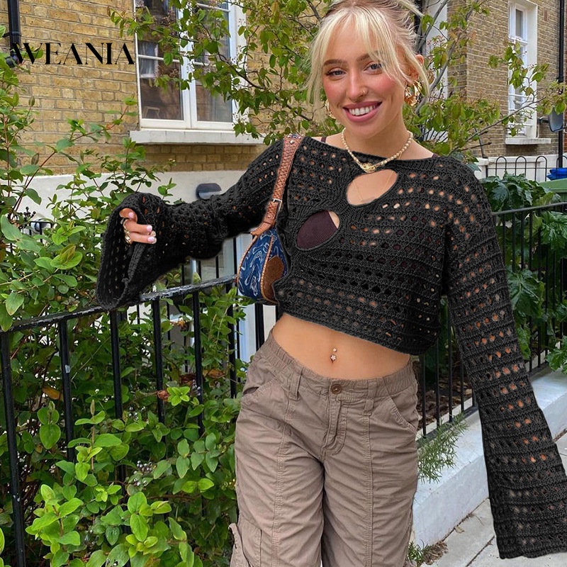 Weania Áo Thun Crop Top Dệt Kim Khoét Lỗ Tay Dài Cho Nữ