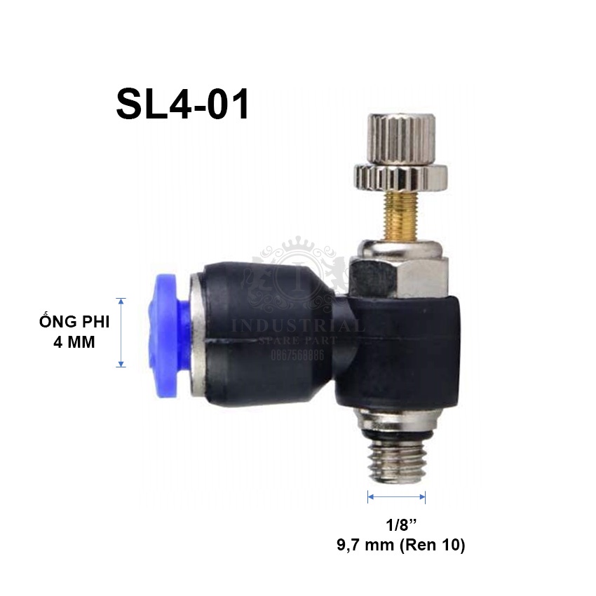 Van tiết lưu một đầu ống, một đầu ren SL4 Series. Model: SL4-M5, SL4-01, SL4-02, SL4-03, SL4-04. Hàng mới 100%