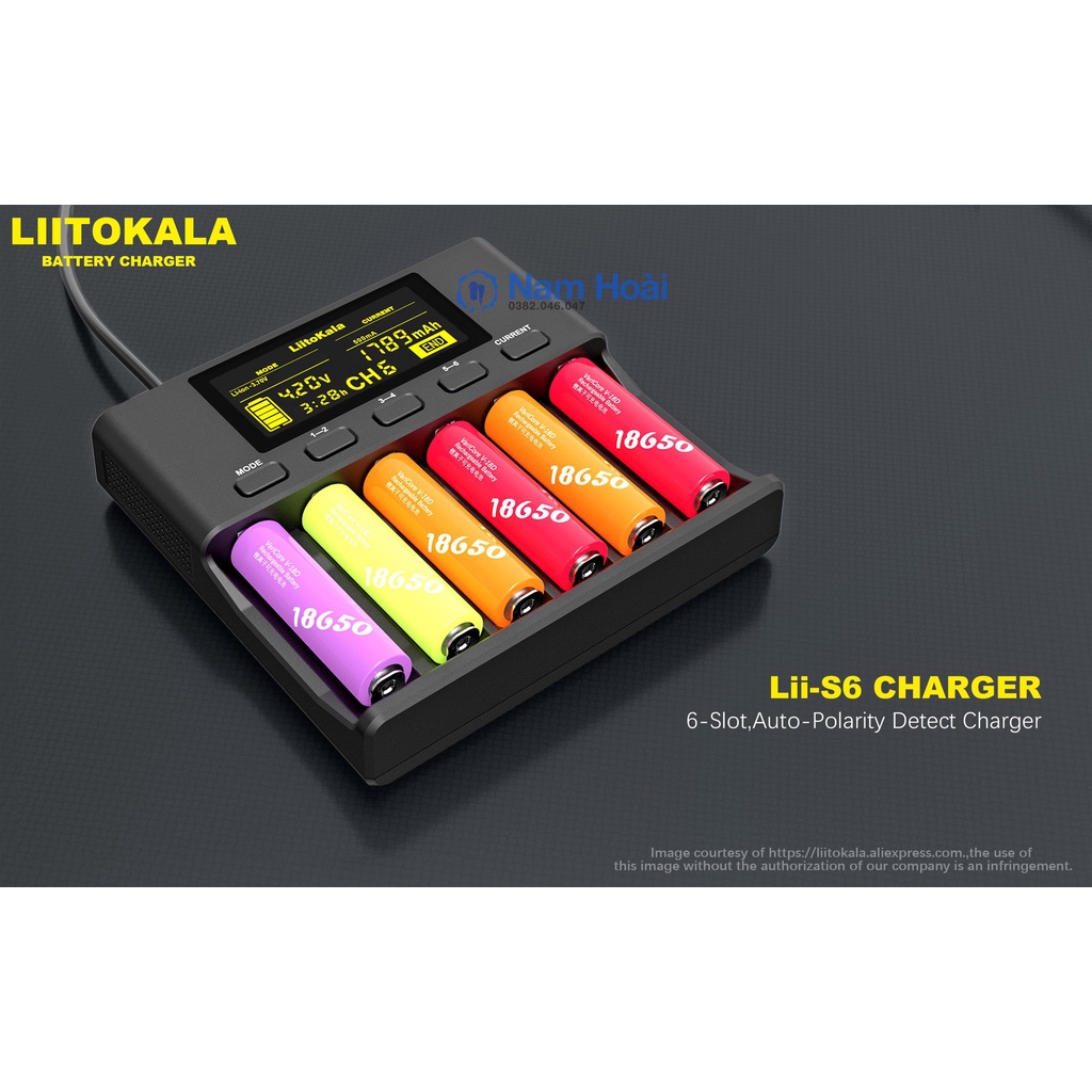 Bộ sạc pin LiitoKala lii-S6 6 ngăn cho pin 18650 26650 21700 14500,10440 AA, AAA...