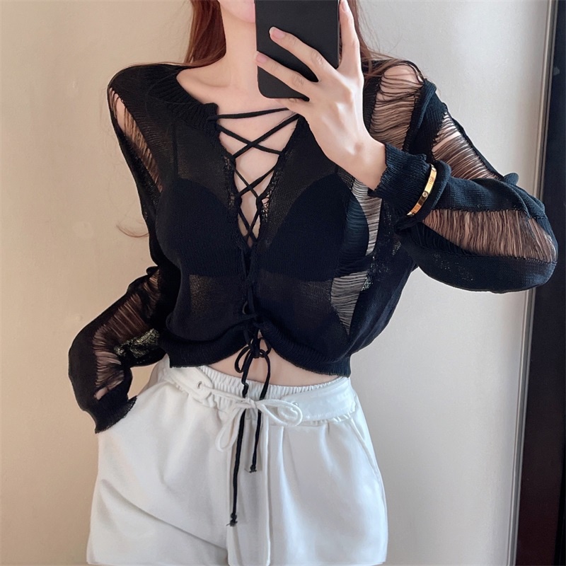 Porozi  Áo sweater dệt kim tay dài thiết kế rách phong cách Hàn Quốc thời trang cá tính cho nữ