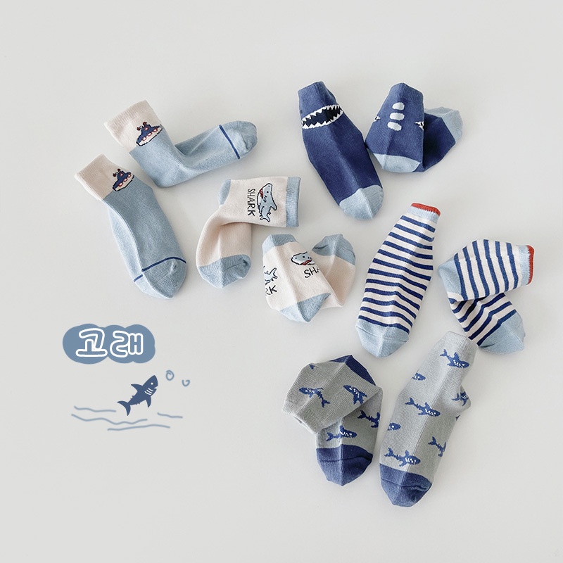 Set 5 Đôi Tất Cotton Cho Bé trai (1-12 Tuổi) Hoạ Tiết Cá Mập Xanh