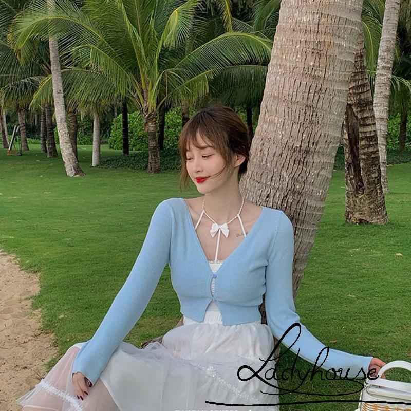 Áo croptop dệt kim tay dài cổ chữ V màu sắc đơn giản dành cho nữ