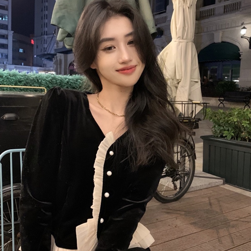 Áo cardigan kiểu SUXI tay dài cổ chữ V ôm dáng vừa vặn vải nhung phong cách Hàn Quốc vintage dành cho nữ