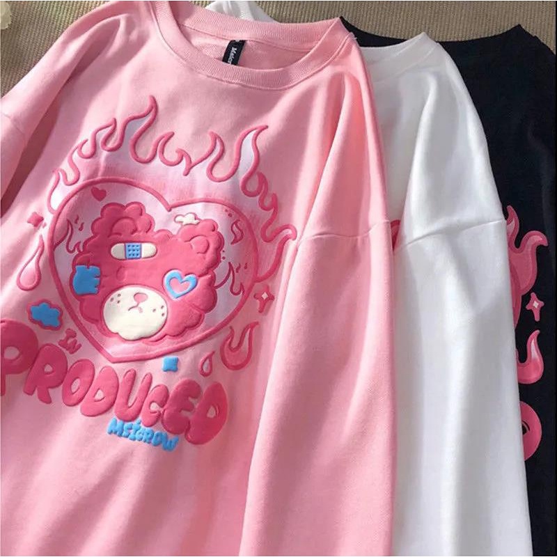 Áo sweater tay dài cổ tròn dáng rộng họa tiết chú gấu thời trang mùa thu phong cách Hàn Quốc cho cặp đôi