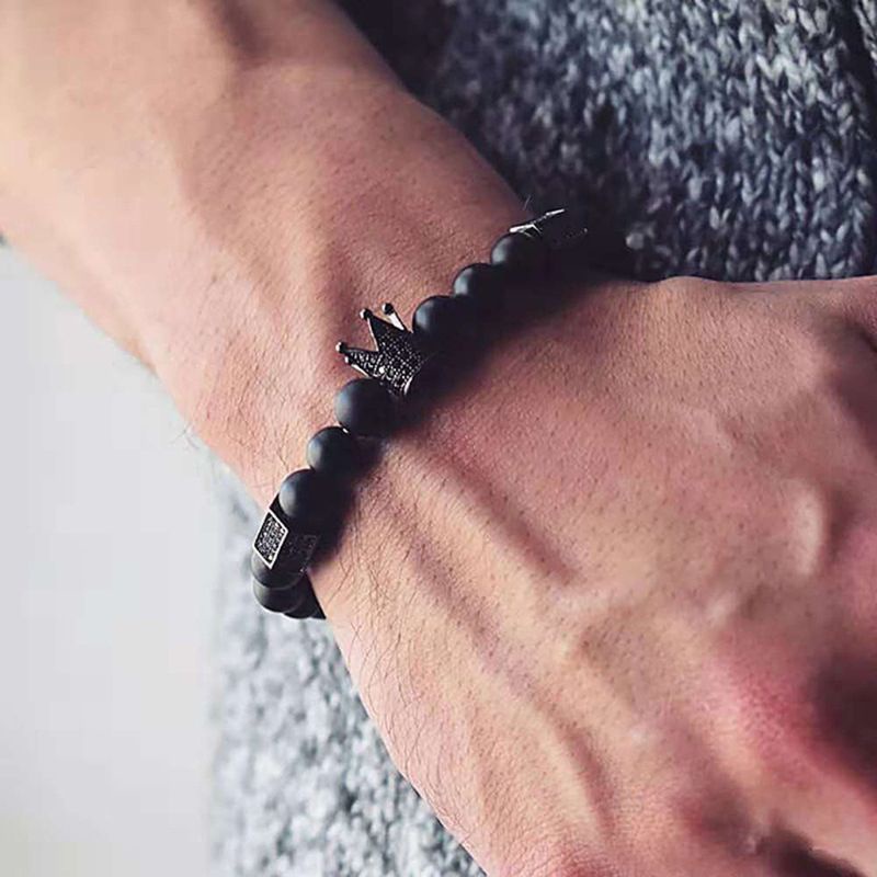 Vòng tay chuỗi hạt đá Onyx màu đen 8mm mặt hình vương miện thời trang cho nam và nữ