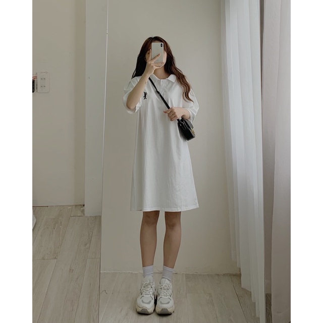 Đầm suông nữ form rộng, Váy suông dáng dài cổ polo thêu ngựa màu Đen/Trắng/Xám chất liệu thun cotton dầy dặn siêu đẹp