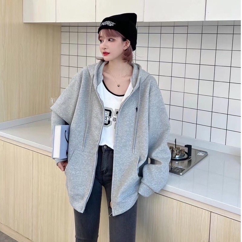 Áo Khoác Nỉ Ngoại Thêu Ngựa JOLIE Unisex  Hoodie zip form rộng tay bồng kiểu dáng thể thao đường phố Hàn Quốc