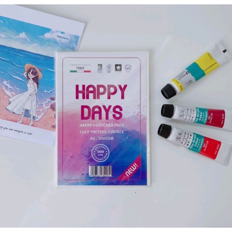 SET 10 TỜ GIẤY VẼ MÀU NƯỚC VÂN COLD 300GSM - GIẤY VẼ POSTCARD A6 HAPPY DAYS - HAPPY POSTCARD PACK COLD PRESSED SURFACE