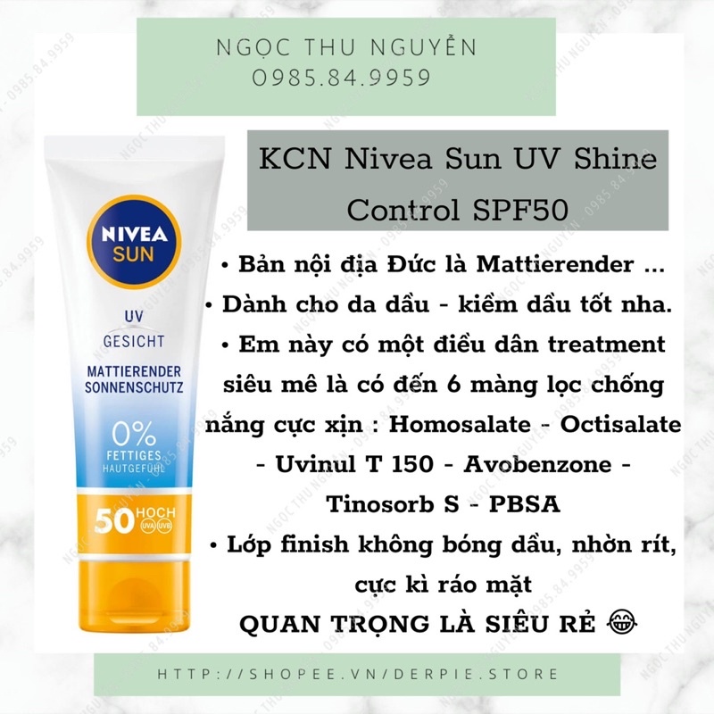 Kem chống nắng Nivea Sun UV Shine Control / Anti-Age & Anti-Pigment Q10 / Soothing Sénitive SPF50