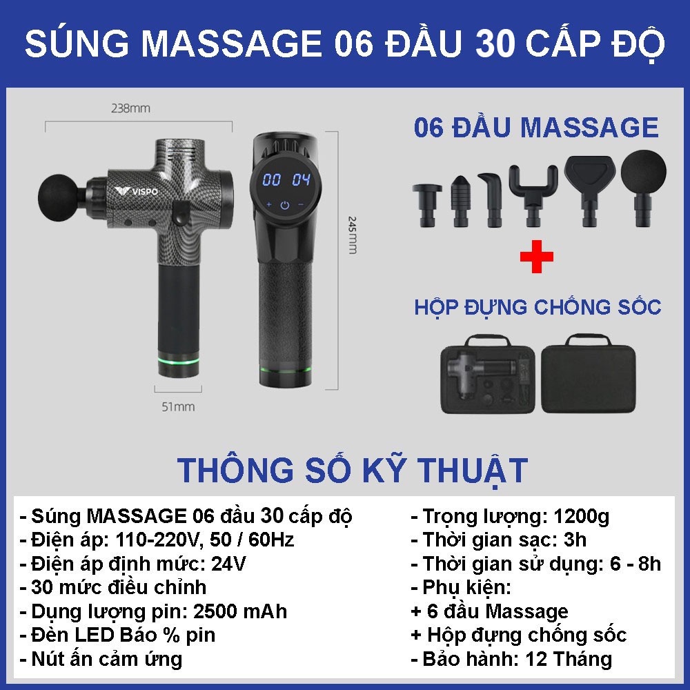 Súng massage cầm tay trị liệu đa năng cao cấp, máy massage cầm tay 6 đầu 30 cấp độ - Bảo hành 12 tháng