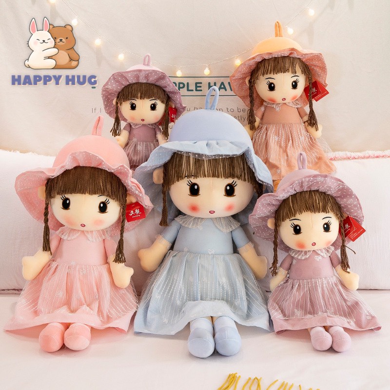 Đồ chơi gấu bông búp bê vải có tóc váy thô mềm 2 lớp size 50/70cm, búp bê nhồi bông đáng yêu cho bé gái - Happy Hug