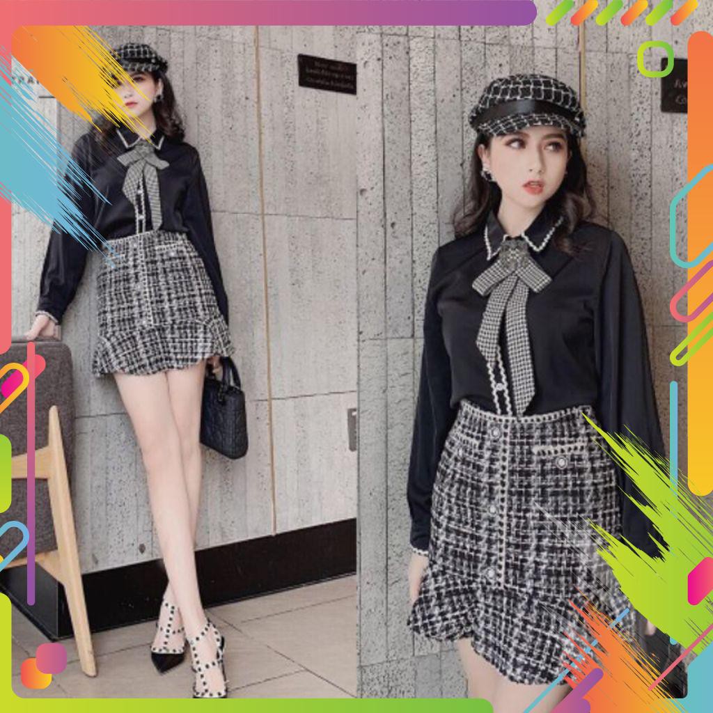 giảm giá Set áo lụa- chân váy dạ kẻ hot hit