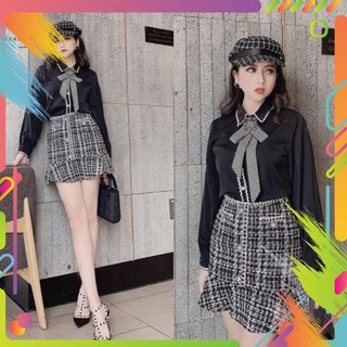 giảm giá Set áo lụa- chân váy dạ kẻ hot hit