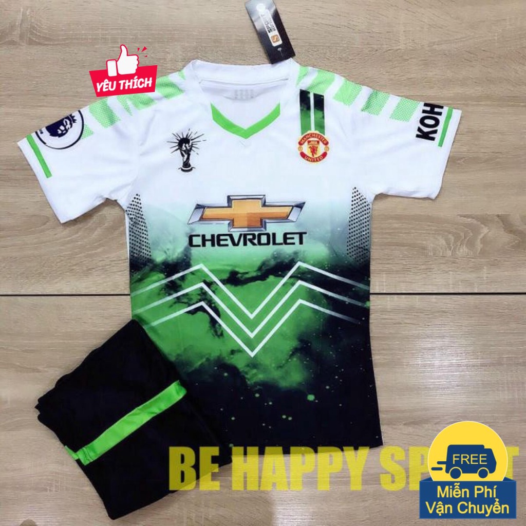 Bộ Quần Áo Đá Banh Trẻ Em Trắng Xanh Quần Đen Mặc Mát - Áo Đá Bóng PP Bởi Be Happy Sport