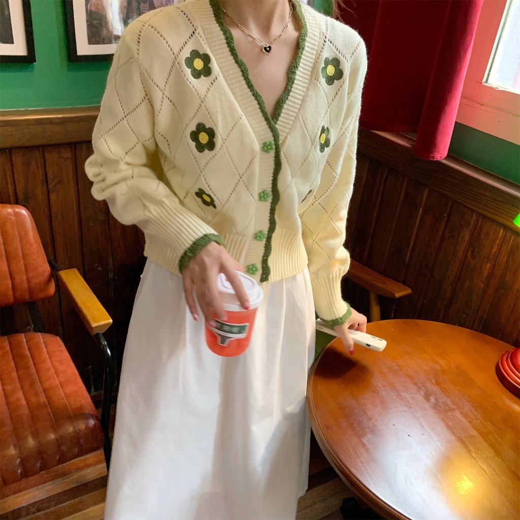 Áo khoác cardigan Pure Cube dệt kim tay dài thêu hoa dễ thương xinh xắn cho nữ