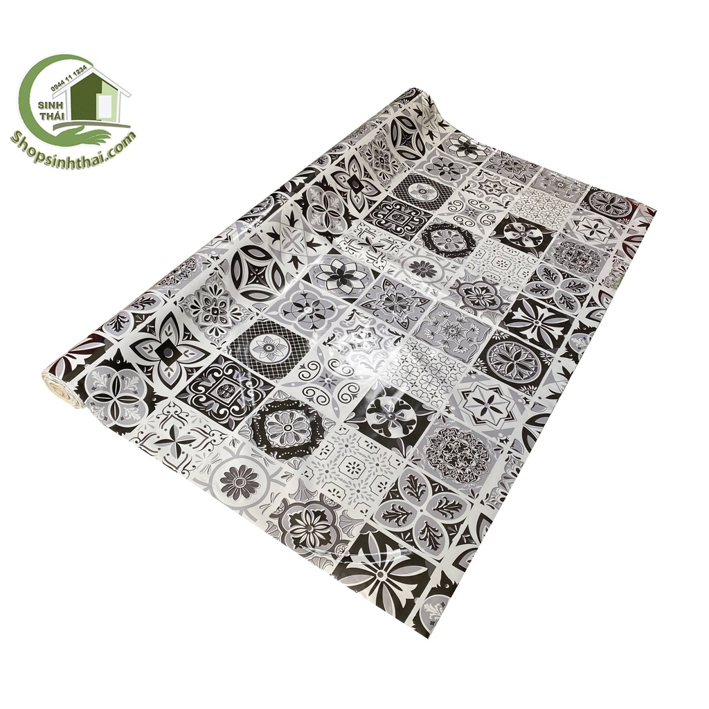Thảm simili lót trải sàn giả gạch hoa cổ màu trắng đen - thảm nhựa pvc - 1m² - khổ 1m
