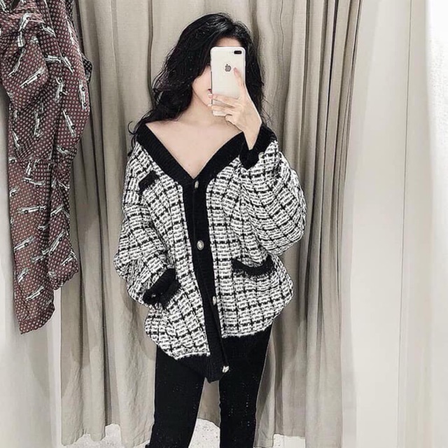 HÀNG LOẠI 1 Áo Khoác Cadigan Len Kẻ Viền Đen Cao Cấp